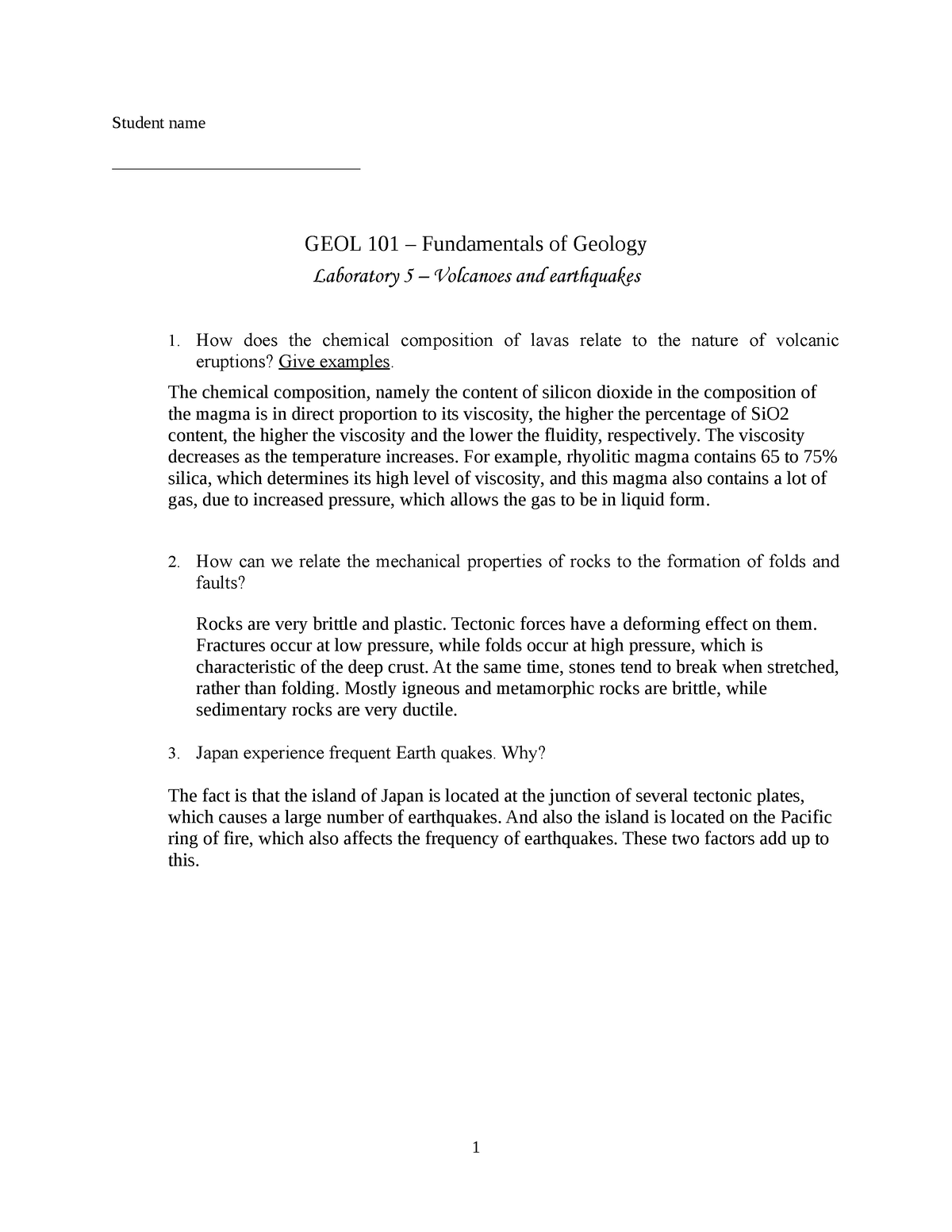 GEOL 101 - Laboratory 5 Volcanoes And Earthquakes - Student Name