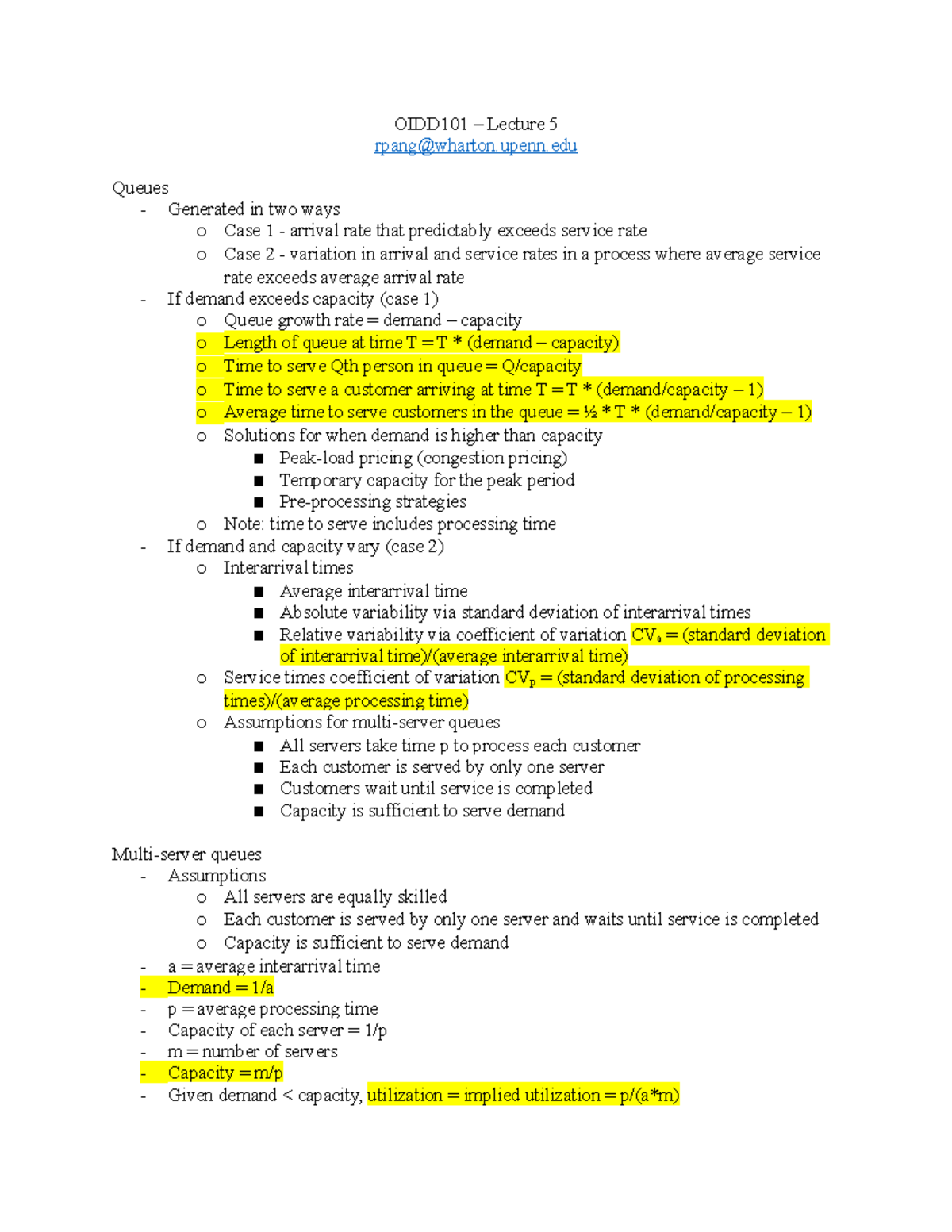 OIDD101 Lecture 5 - OIDD101 – Lecture 5 rpang@wharton.upenn Queues ...