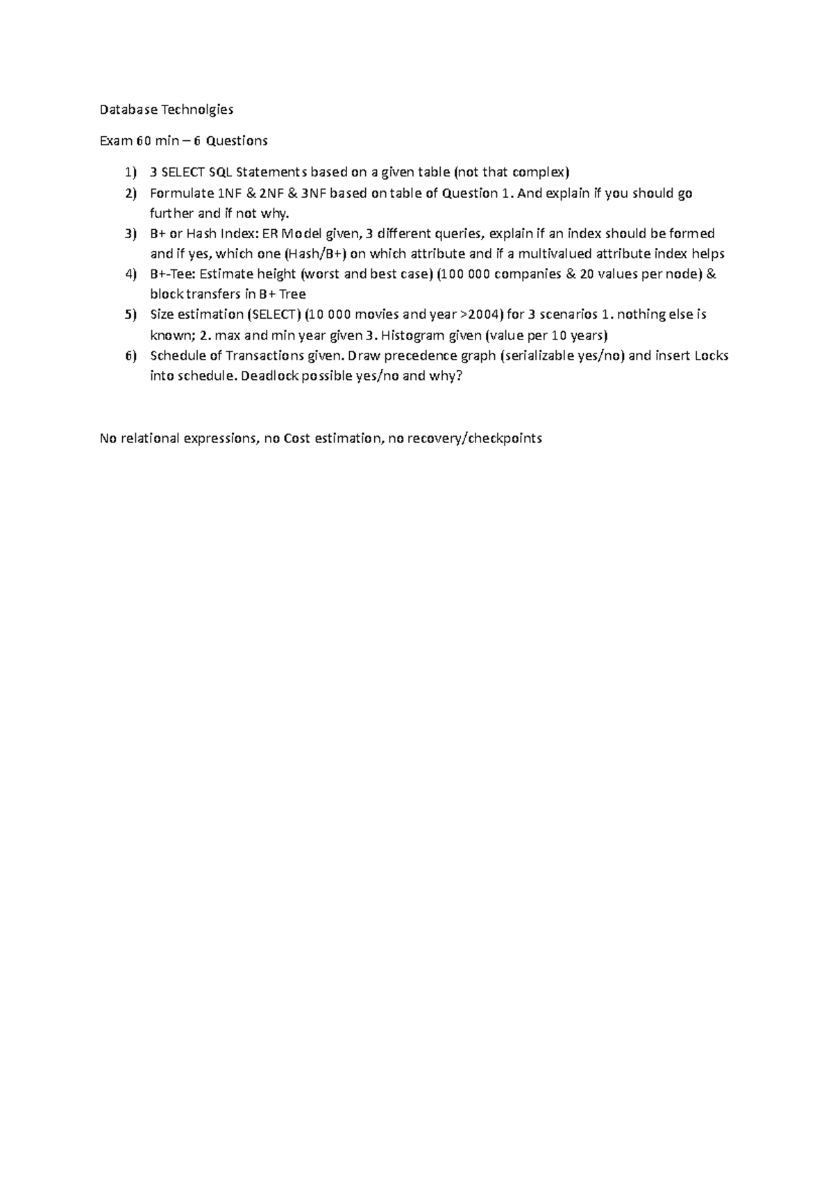 Memory report DB 2019 question paper Database Technolgies Exam 60