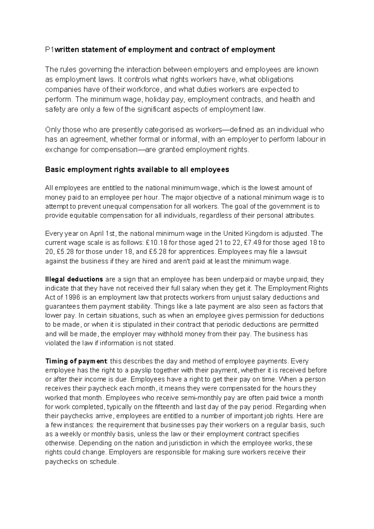Unit 24 Assignment 1 - P1written statement of employment and contract ...
