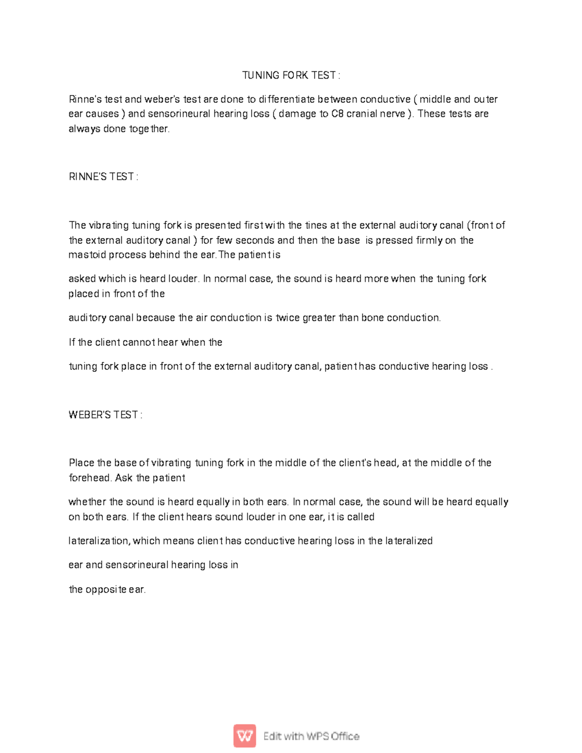 Tuning FORK TEST RINNE'S TEST AND WEBER'S TEST - TUNING FORK TEST ...