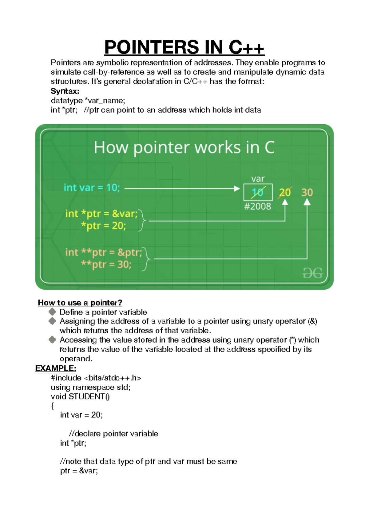 UNIT-5.3, Notes-FIN - Notes of unit 5 - POINTERS IN C++ • Pointers are ...