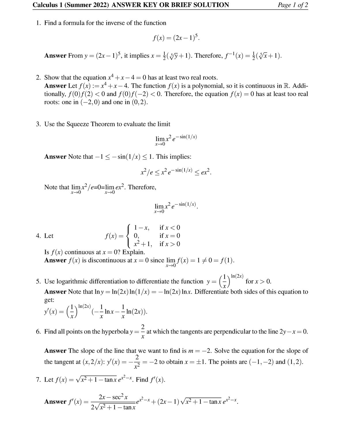 Semester 3 2021 2022 Calculus 1 Summer 2022 Answer Key Or Brief