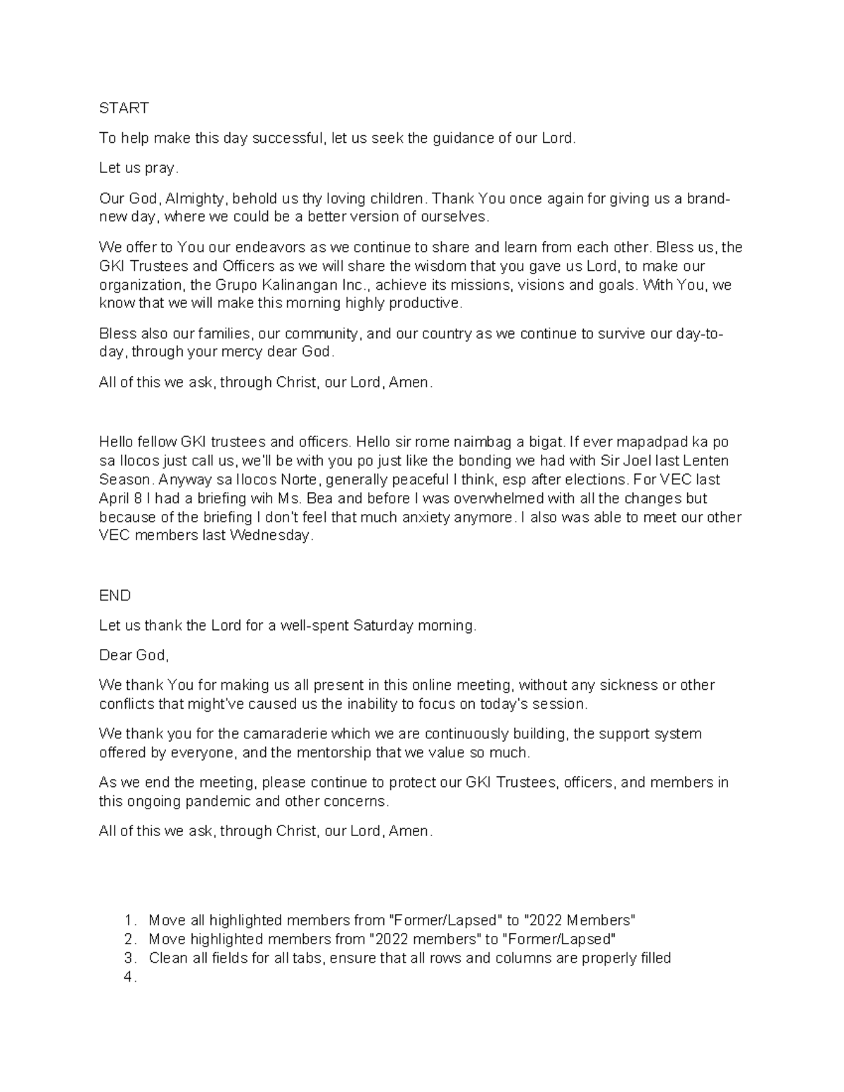 Prayer for GKI Meeting - START To help make this day successful, let us ...