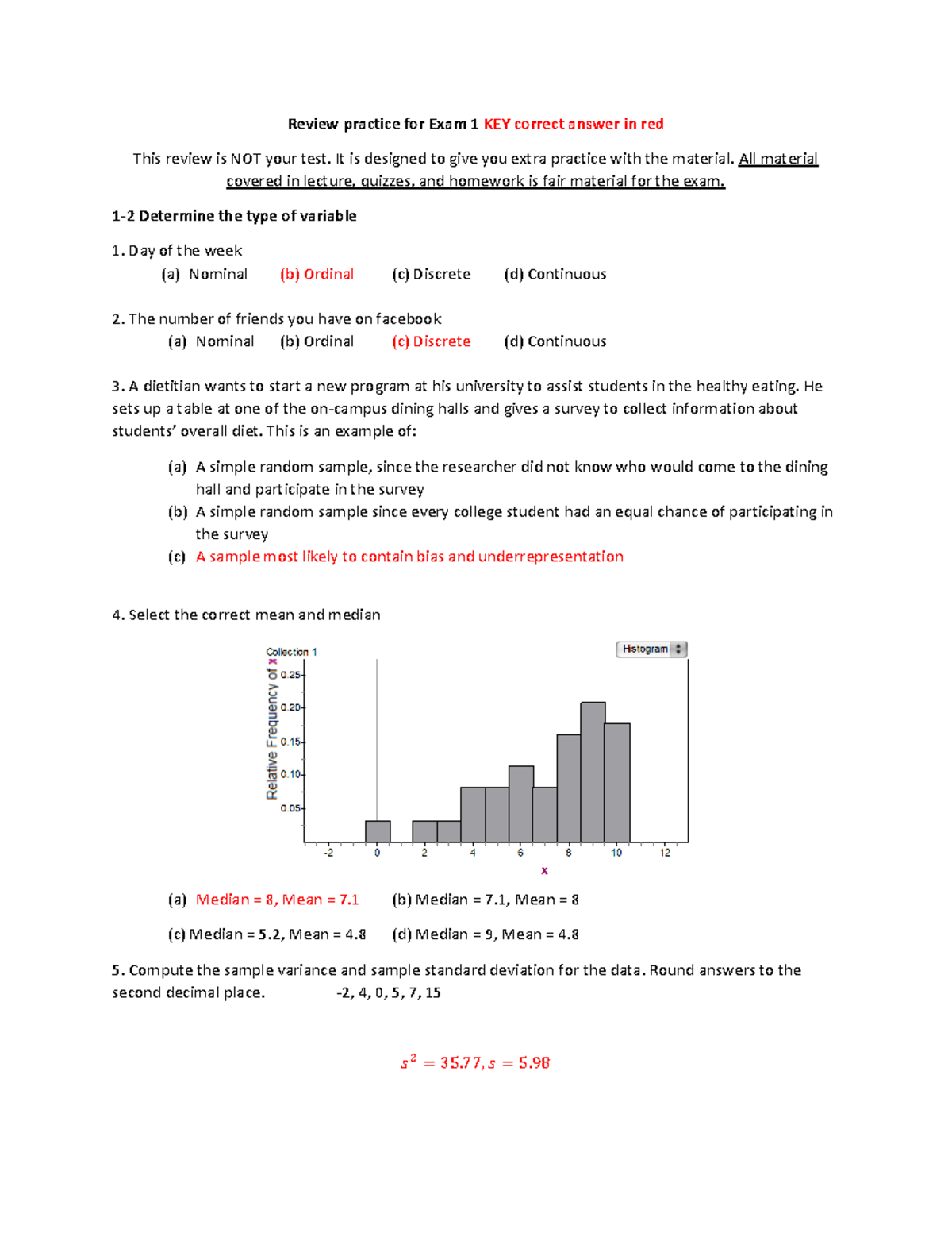 Exam Review 1 - Review Practice For Exam 1 KEY Correct Answer In Red ...