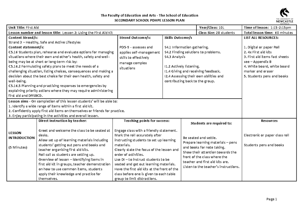 Lesson plan 2 - Using The First Aid Kit - SECONDARY SCHOOL PDHPE LESSON ...