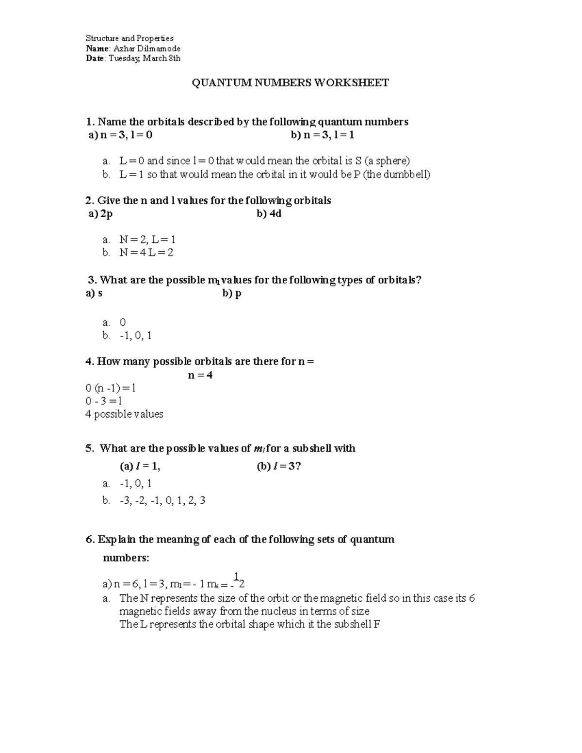 Quantum Numbers Worksheet - Structure and Properties Name: Azhar