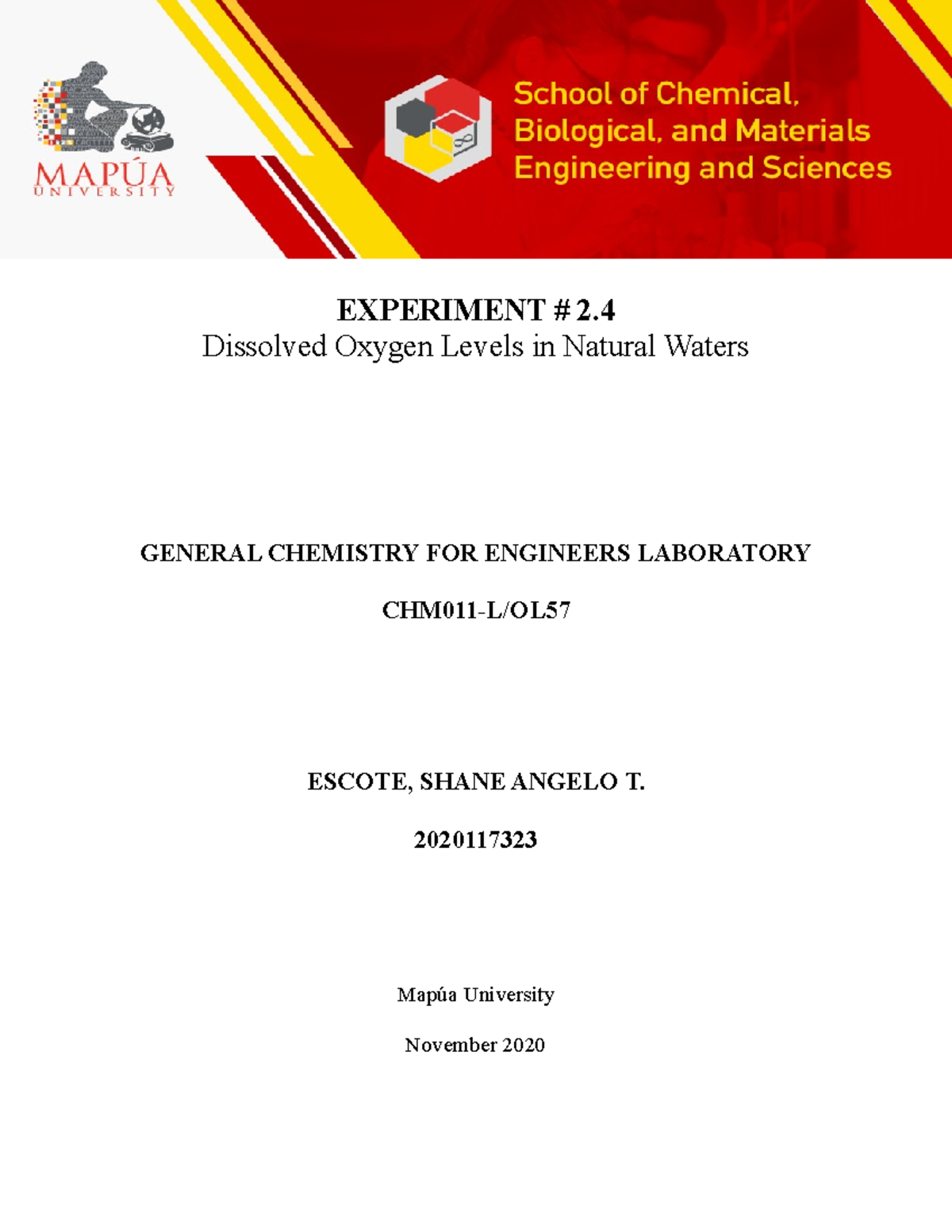 2 - EXPERIMENT # 2. Dissolved Oxygen Levels In Natural Waters GENERAL ...