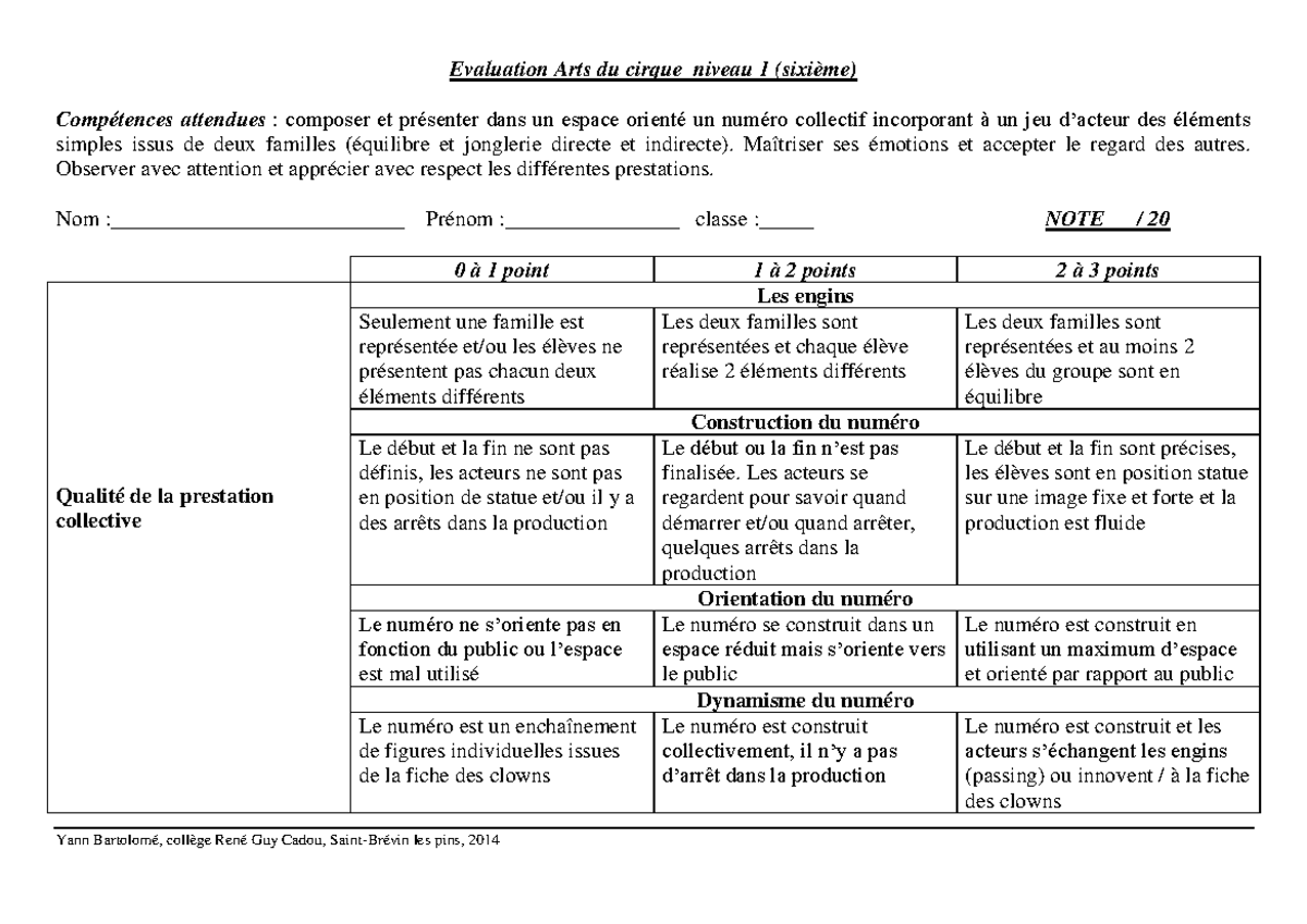 Evaluation Arts du cirque niveau 1 20132014 Evaluation Arts du