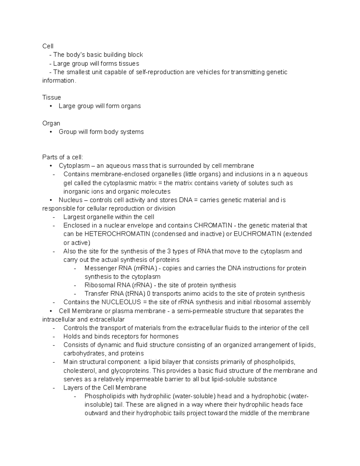 Chapter 1 Cells - Cell The Body’s Basic Building Block Large Group Will 