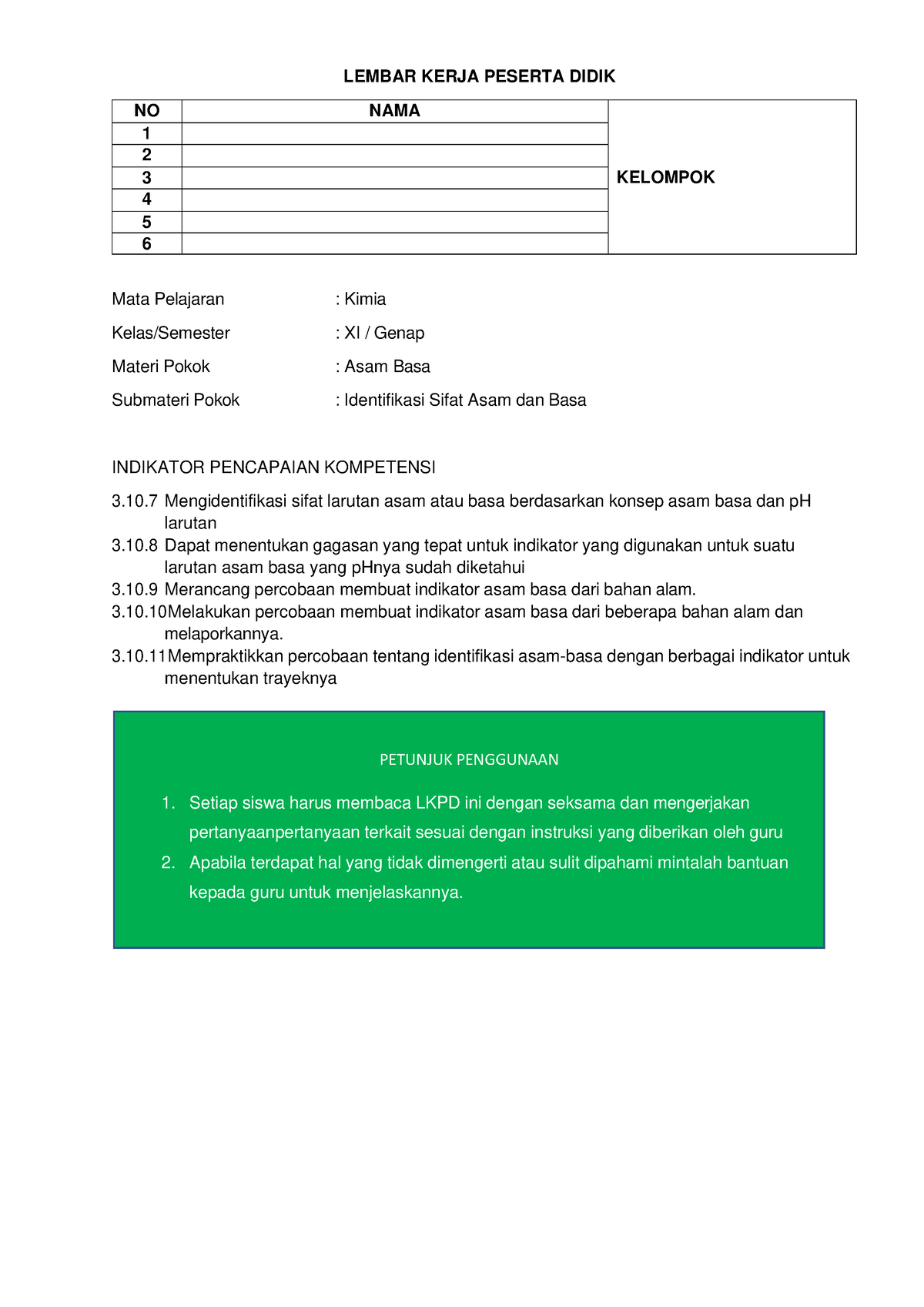 Lembar Kerja Peserta Didik Materi Pengenalan ASAM-BASA Kimia 2 - LEMBAR ...
