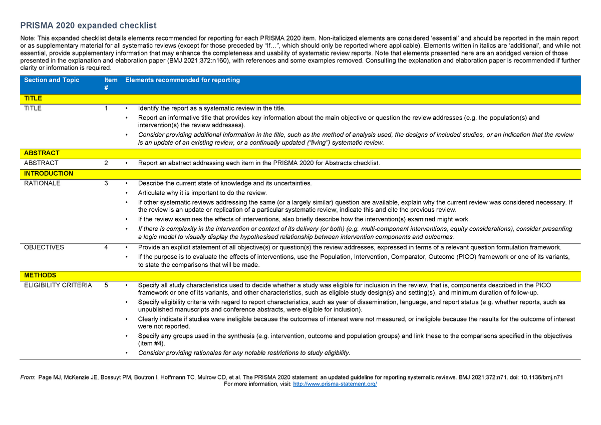 Prisma 2020 expanded checklist - From: Page MJ, McKenzie JE, Bossuyt PM,  Boutron I, Hoffmann TC, - Studocu
