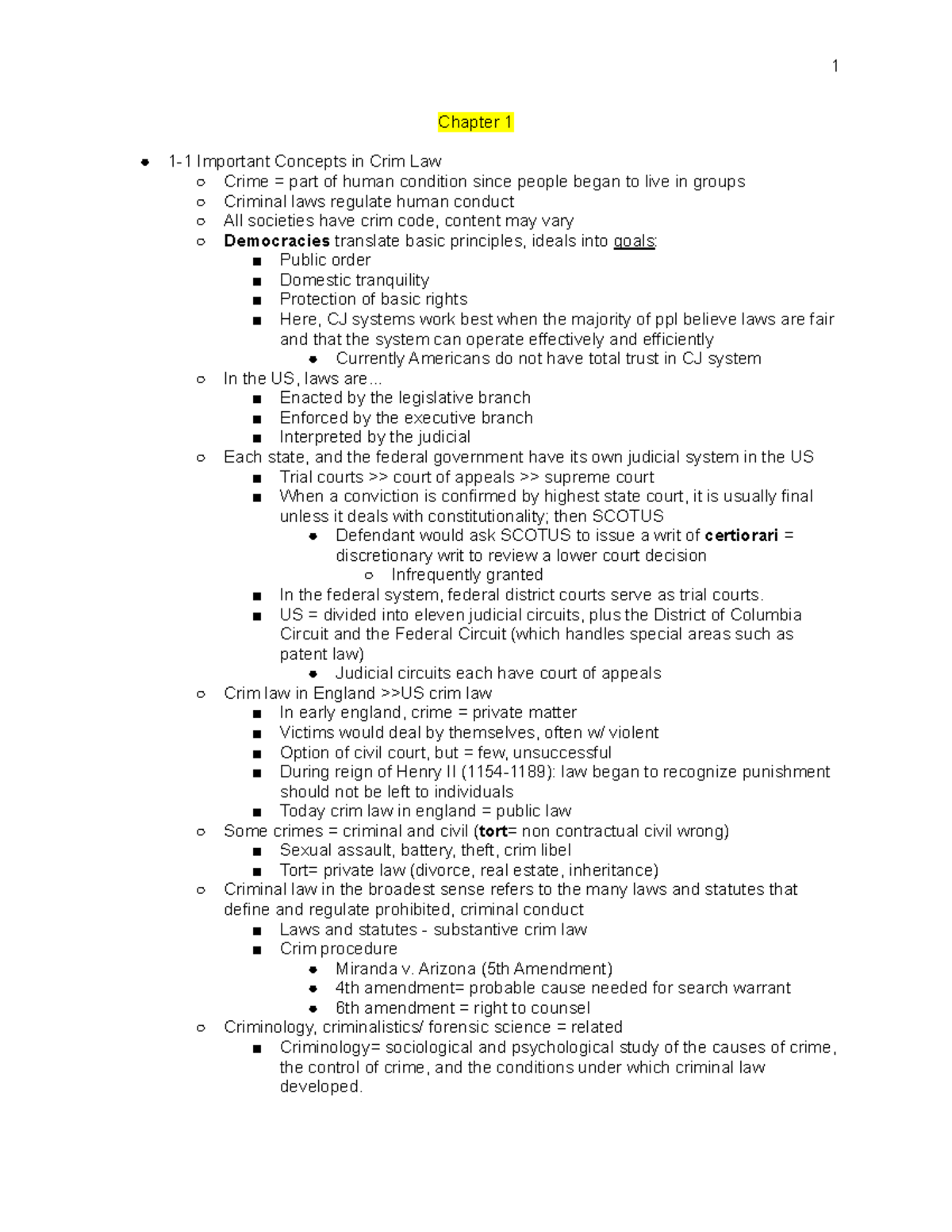 Notes (Ch 1-8) - Chapter 1 1-1 Important Concepts In Crim Law Crime ...