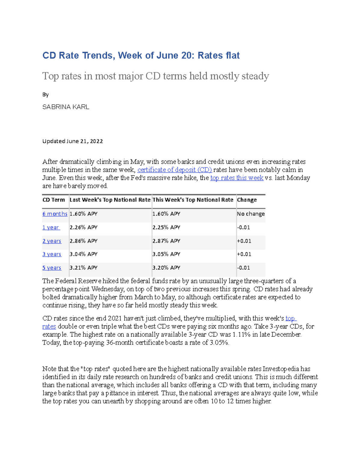 Note lecture 2-10 - CD Rate Trends, Week of June 20: Rates flat Top