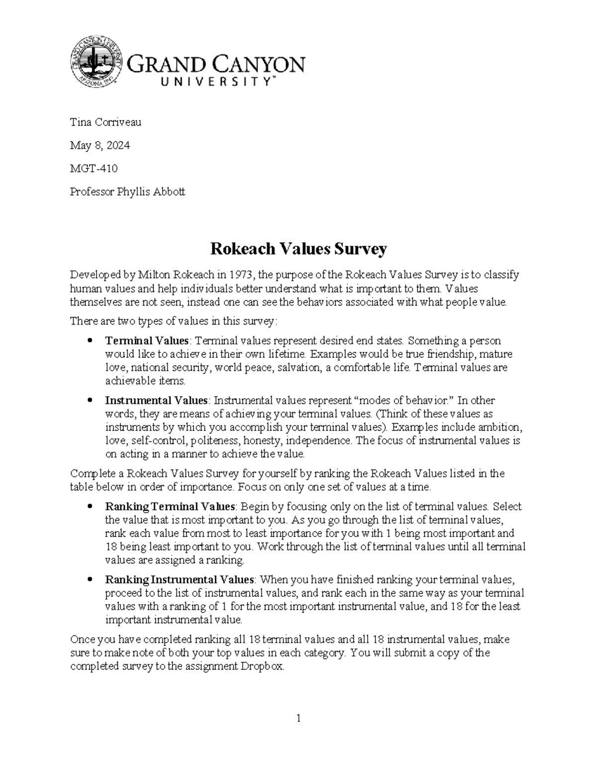 MGT-410- Topic 2 Rokeach Values Survey - Tina Corriveau May 8, 2024 MGT ...