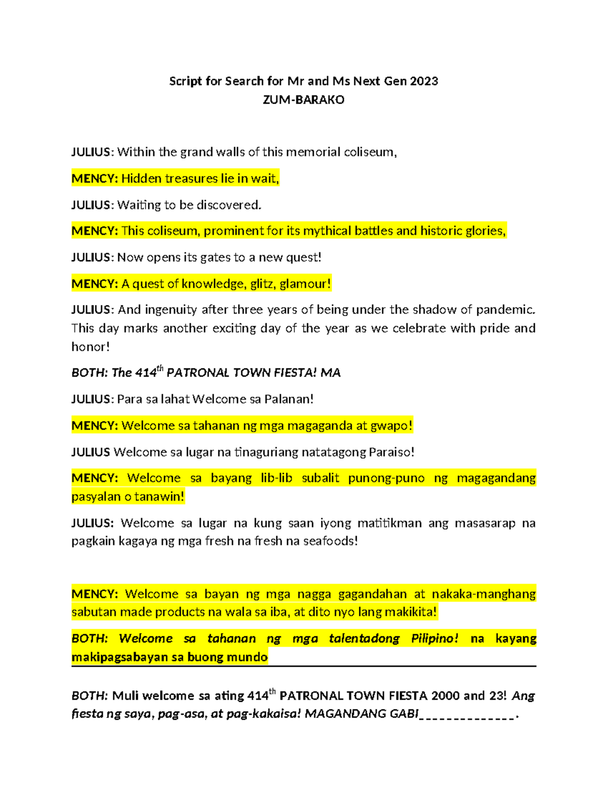 Script for Search for Mr and Ms Next Gen 2023 - MENCY: This coliseum ...