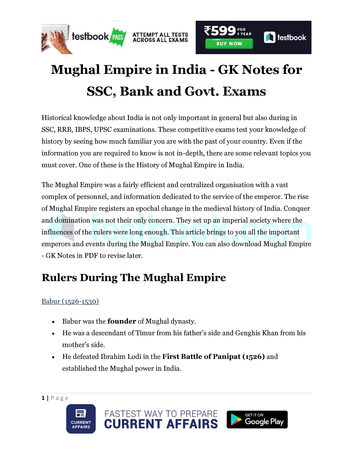 Mughal Empire In India GK Notes For SSC Bank And Govt - Exams ...