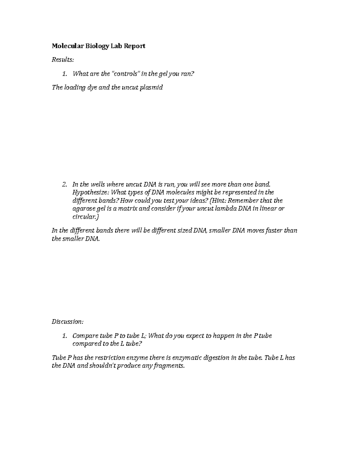Molecular bio lab Molecular Biology Lab Report Results What are the