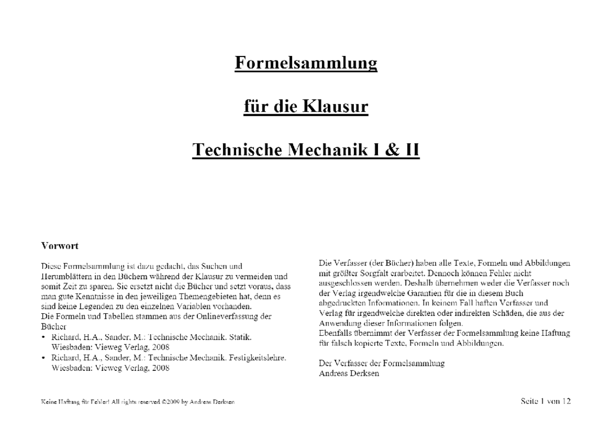 Formelsammlung. Für Die Klausur. Technische Mechanik - Technische ...