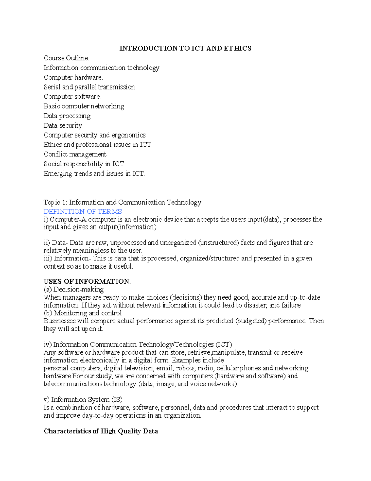 Introduction TO ICT - INTRODUCTION TO ICT AND ETHICS Course Outline ...