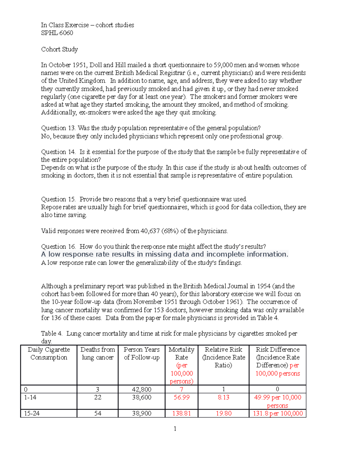 Exercise - Cohort Study - In Class Exercise – cohort studies SPHL 6060 ...
