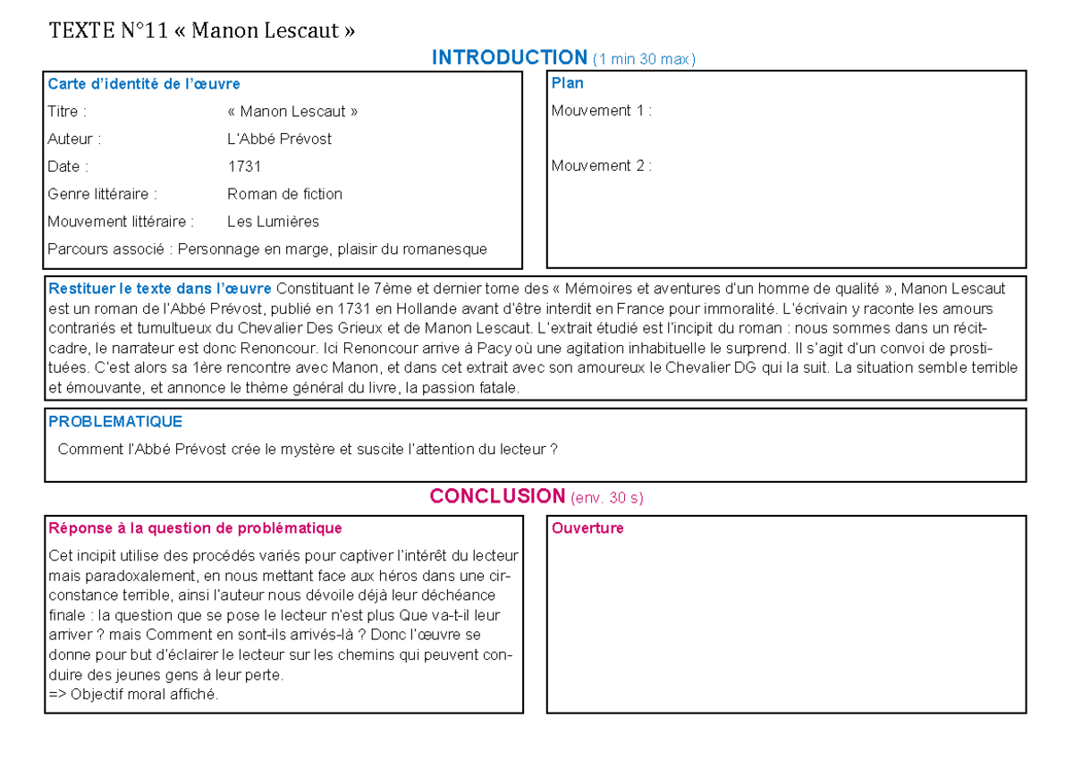 Manon texte 11 lin'éaire analyse - Carte d’identité de l’œuvre Titre