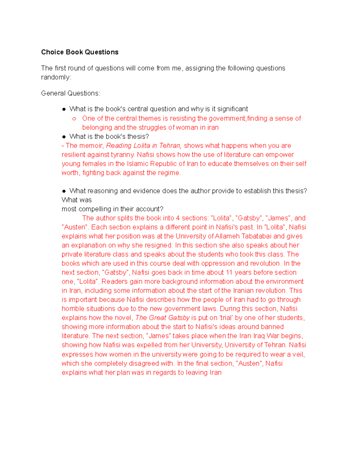 Copy of Choice Book Questions Choice Book Questions The first round