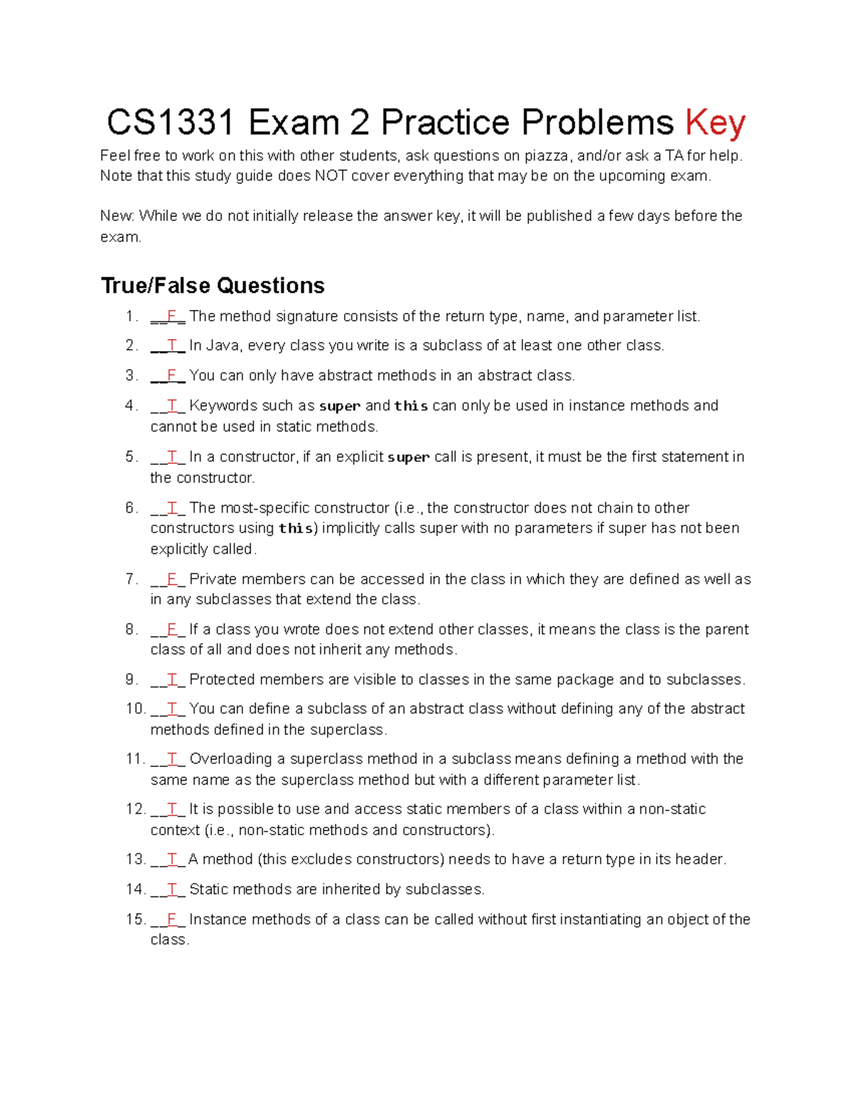 Exam 2 Practice - Key - CS1331 Exam 2 Practice Problems Key Feel Free ...