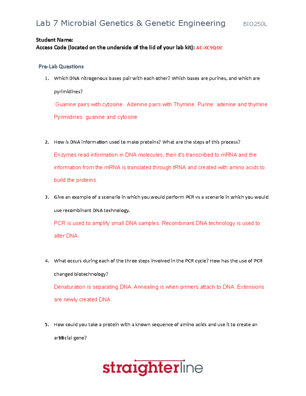 BIO250L+V2+Lab+7 straighterline assignment - Student Name: Access Code ...