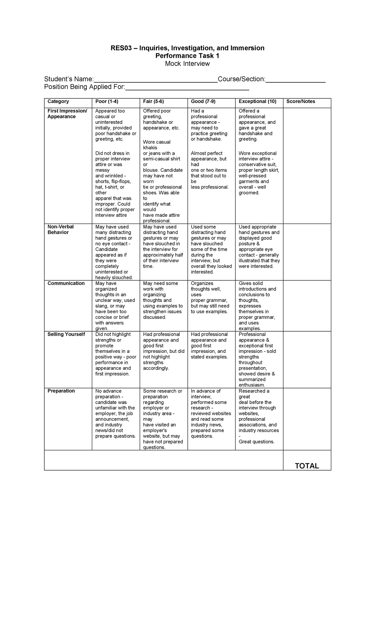 PT1Rubric 230214 134003 - Performance Task 1 Mock Interview Student’s ...