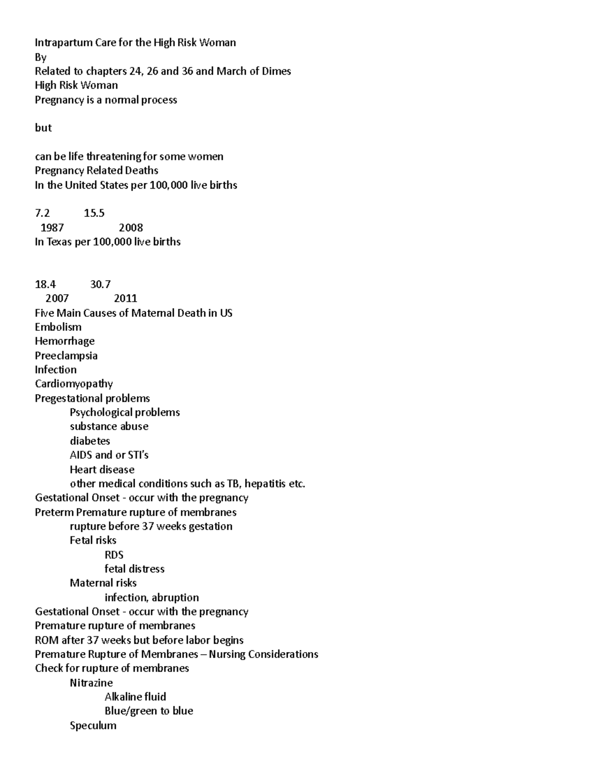 Copy Of Intrapartum Care For The High Risk Woman PPT Oultine HO ...