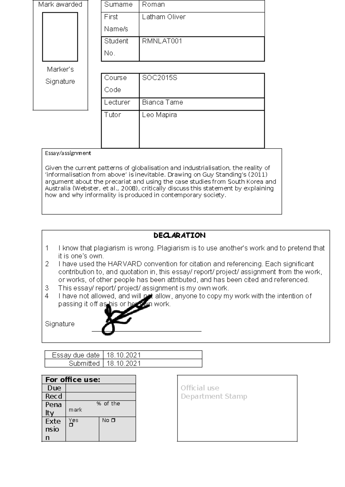 Essay 2-Industrial soc - Essay/assignment Given the current patterns of ...