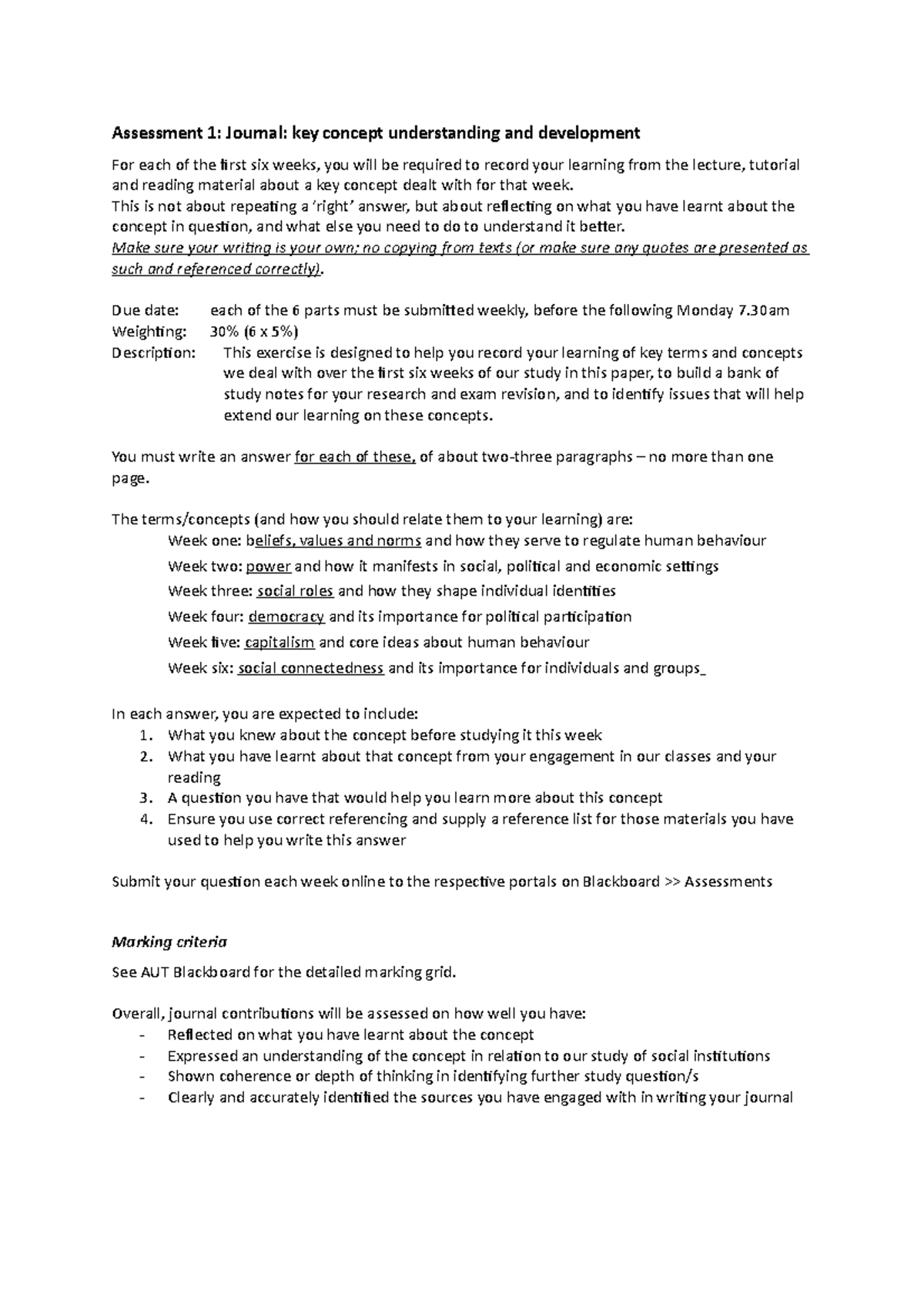 Assessment 1 Instructions And Marking Schedule - Assessment 1: Journal 