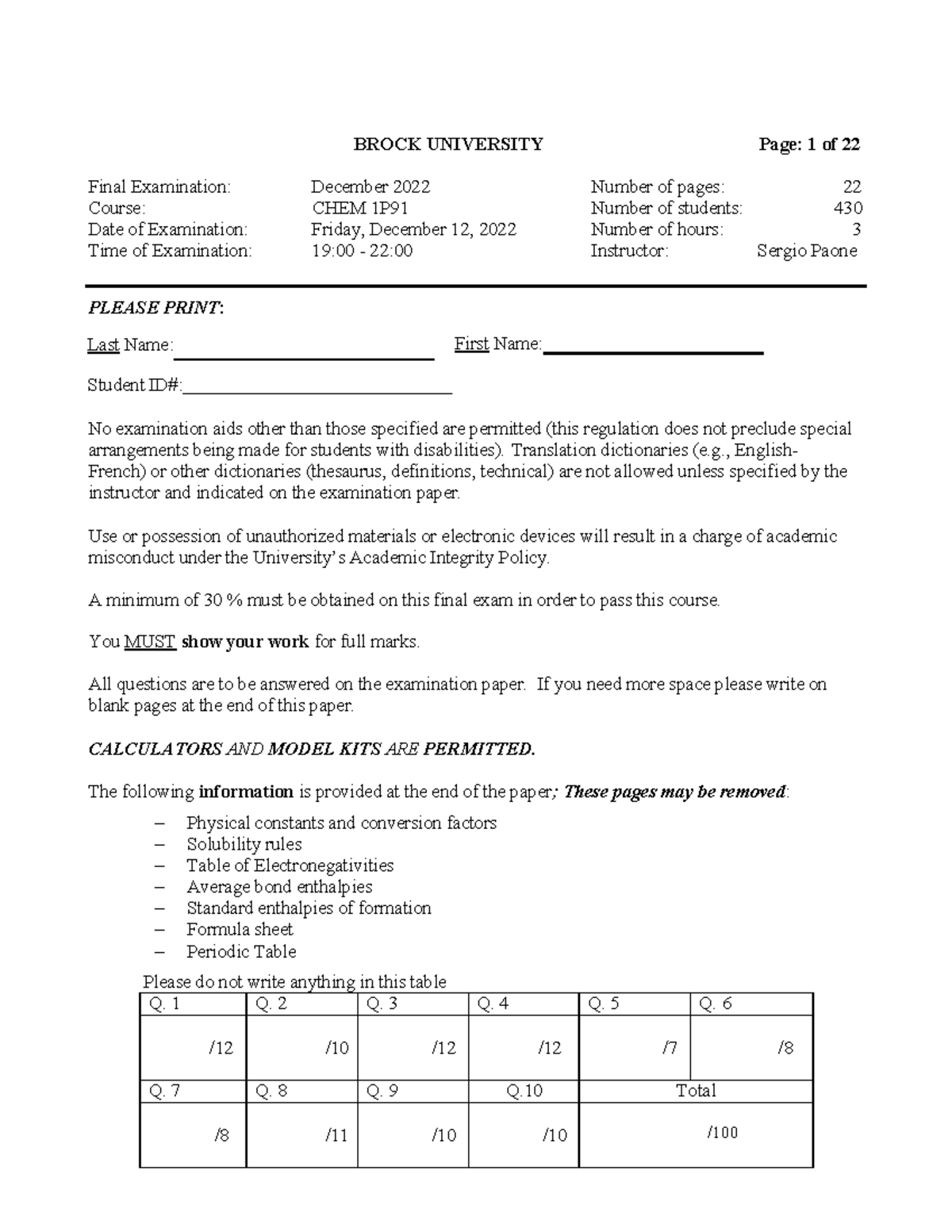 2022 Final Exam Chem practice exam BROCK UNIVERSITY Page 1 of 22