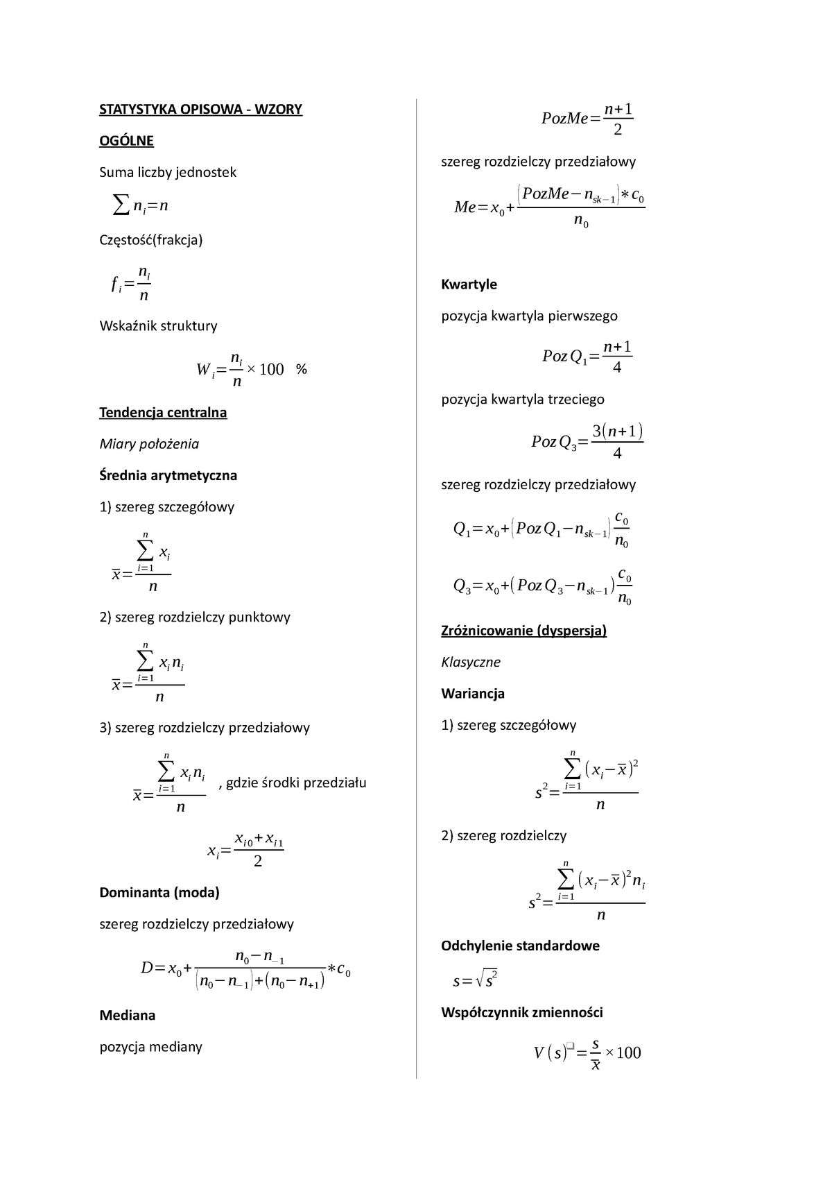 Wzory Ze Statystyki Opisowej Statystyka Opisowa Wzory Og Lne Suma Liczby Jednostek Ni N