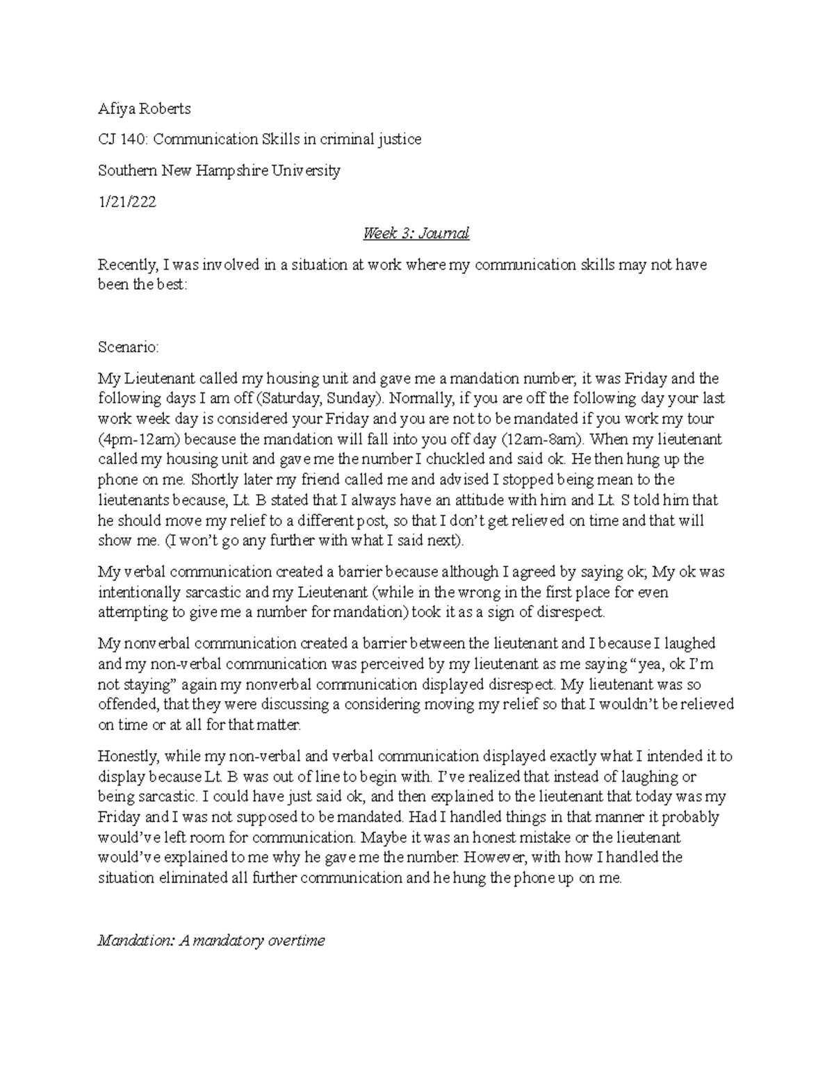 Cj140 wk3 journal - Coursework - Afiya Roberts CJ 140: Communication ...