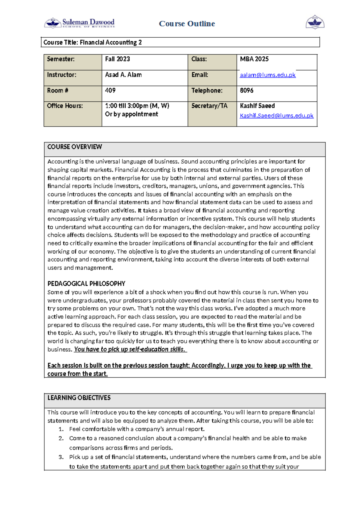 0. MBA Course Outline 2025 FA 2 - Course Title: Financial Accounting 2 ...