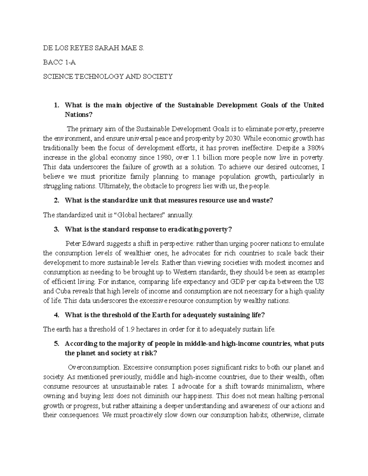 STS Human Flourishing DE LOS REYES SARAH MAE S. BACC 1A SCIENCE