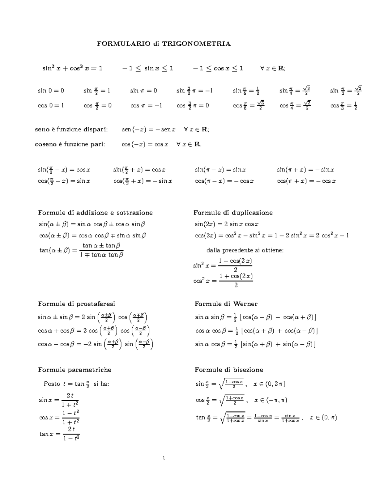 Formulario-di-trigonometria - FORMULARIO Di TRIGONOMETRIA Sin 2 X+ Cos ...