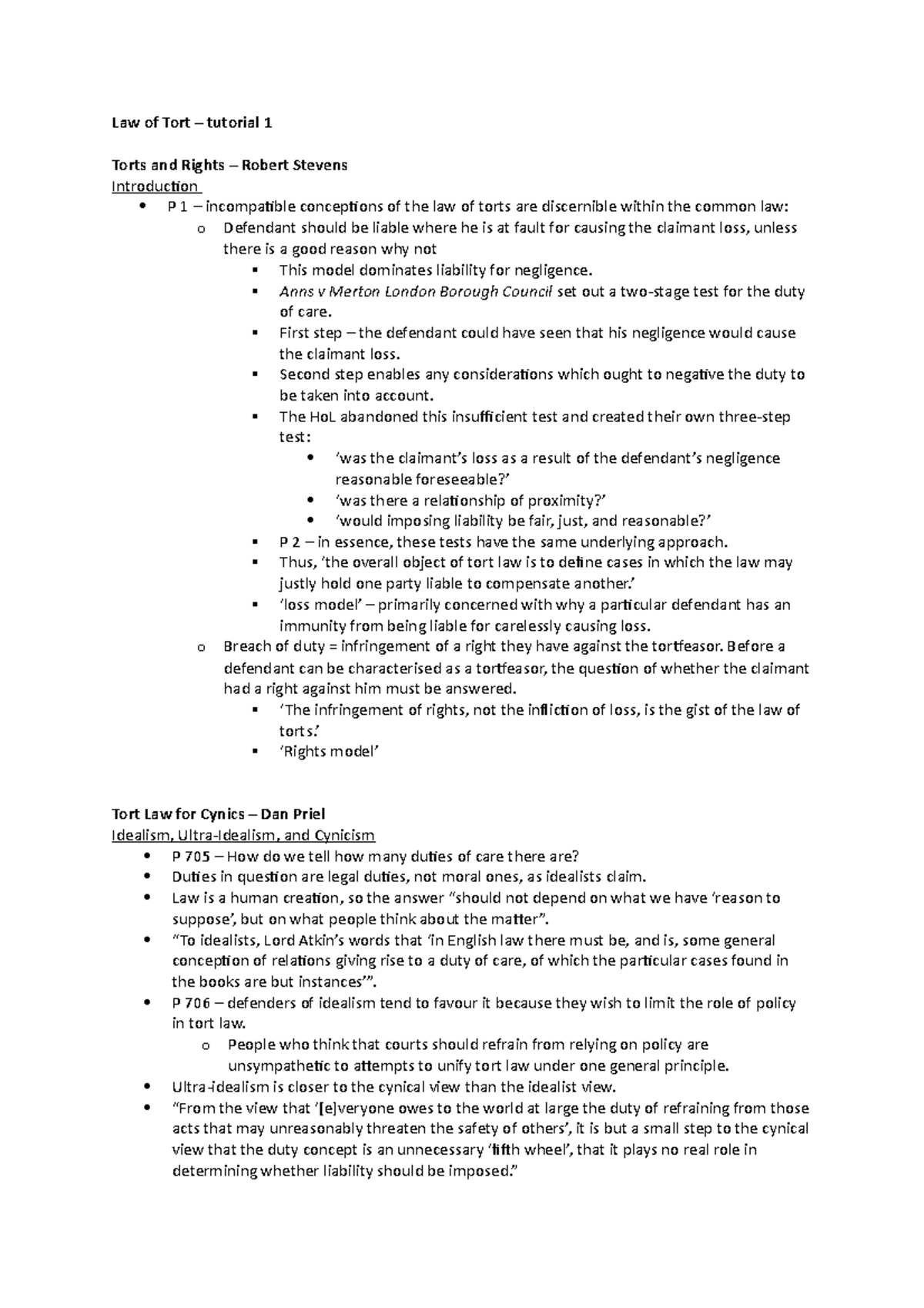 Law of Tort – tutorial 1 - Tort law notes - Law of Tort – tutorial 1 ...
