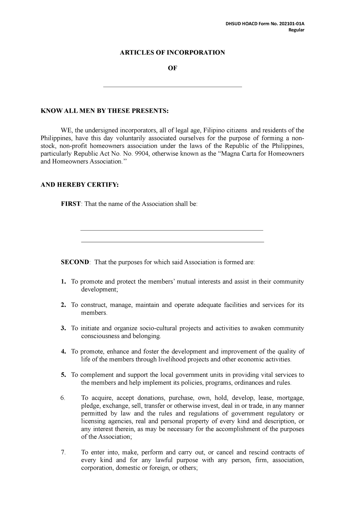 Articles of incorporation REG v.nov 2021 - DHSUD HOACD Form No. 202101 ...