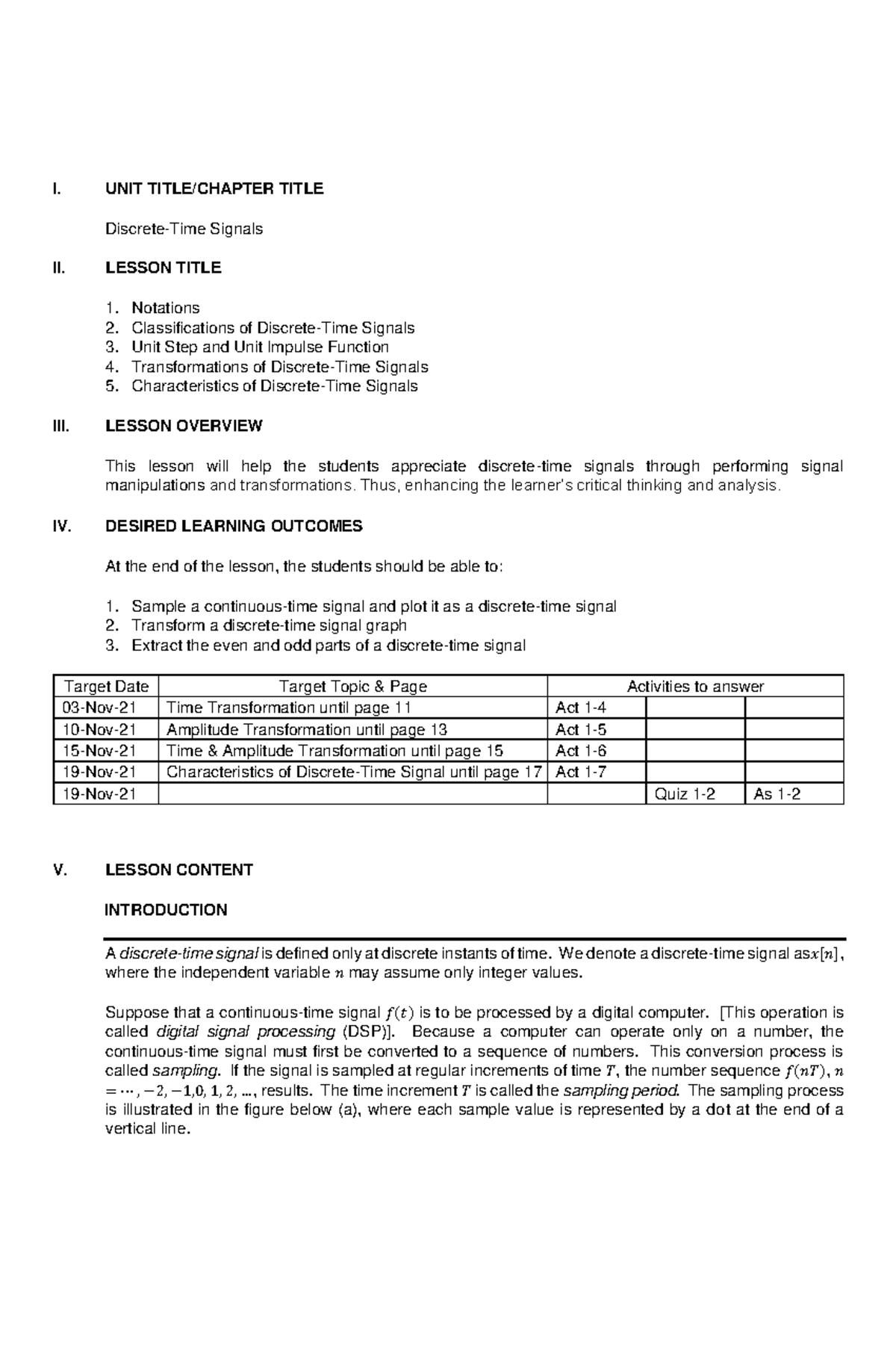 Signals, Spectra and Signal Processing Lesson 2 I. UNIT TITLE/CHAPTER
