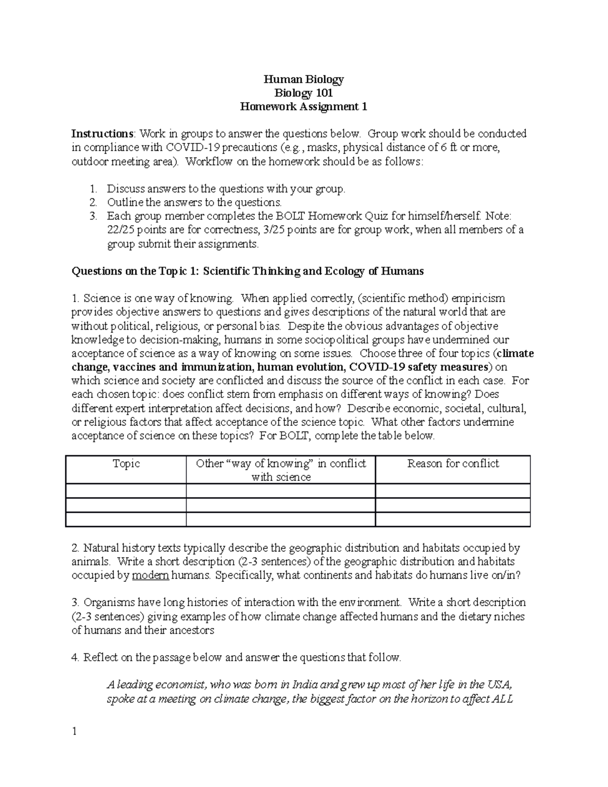 HB homework 1 F22 - dr. hranitz - Human Biology Biology 101 Homework ...