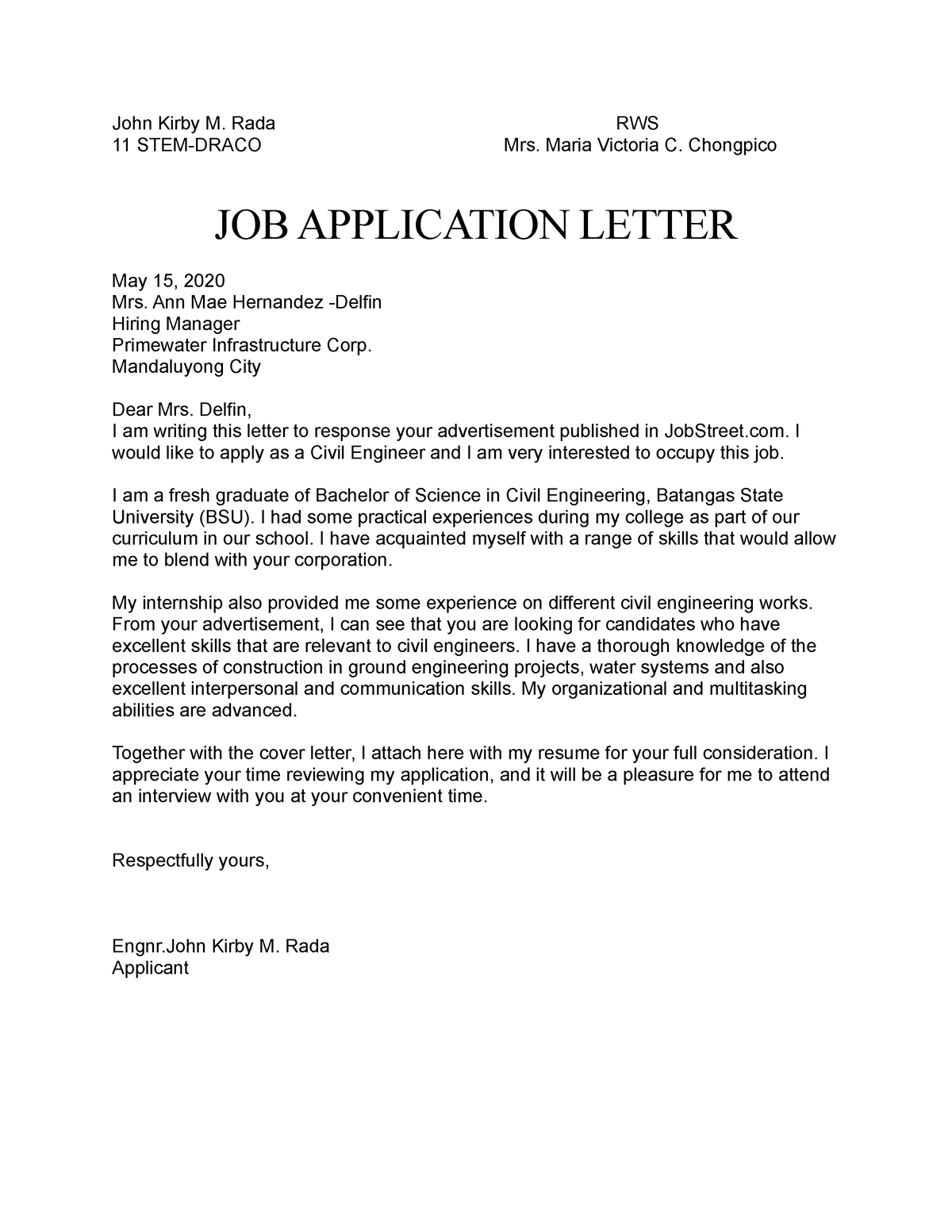 JOB Application Letter - John Kirby M. Rada RWS 11 STEM-DRACO Mrs ...