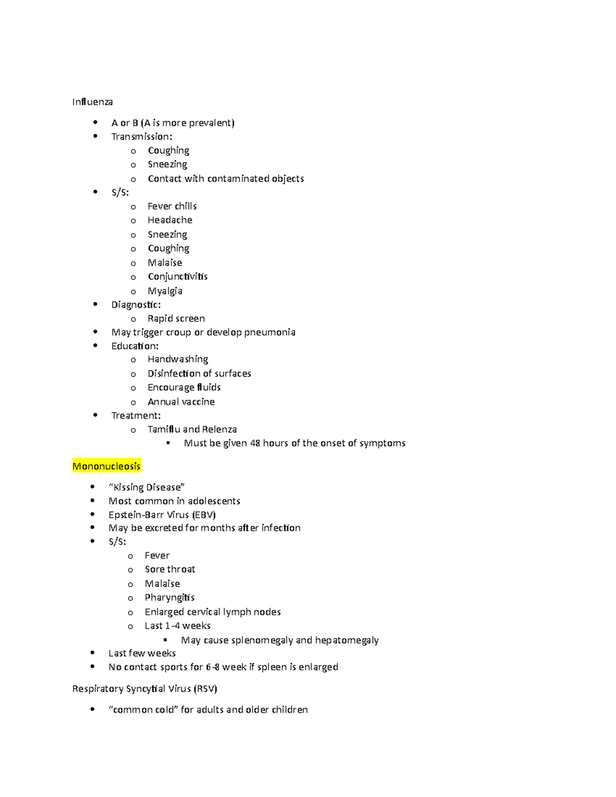 PEDS Study Guide 3 - PP notes for exam 3 - Influenza A or B (A is more ...