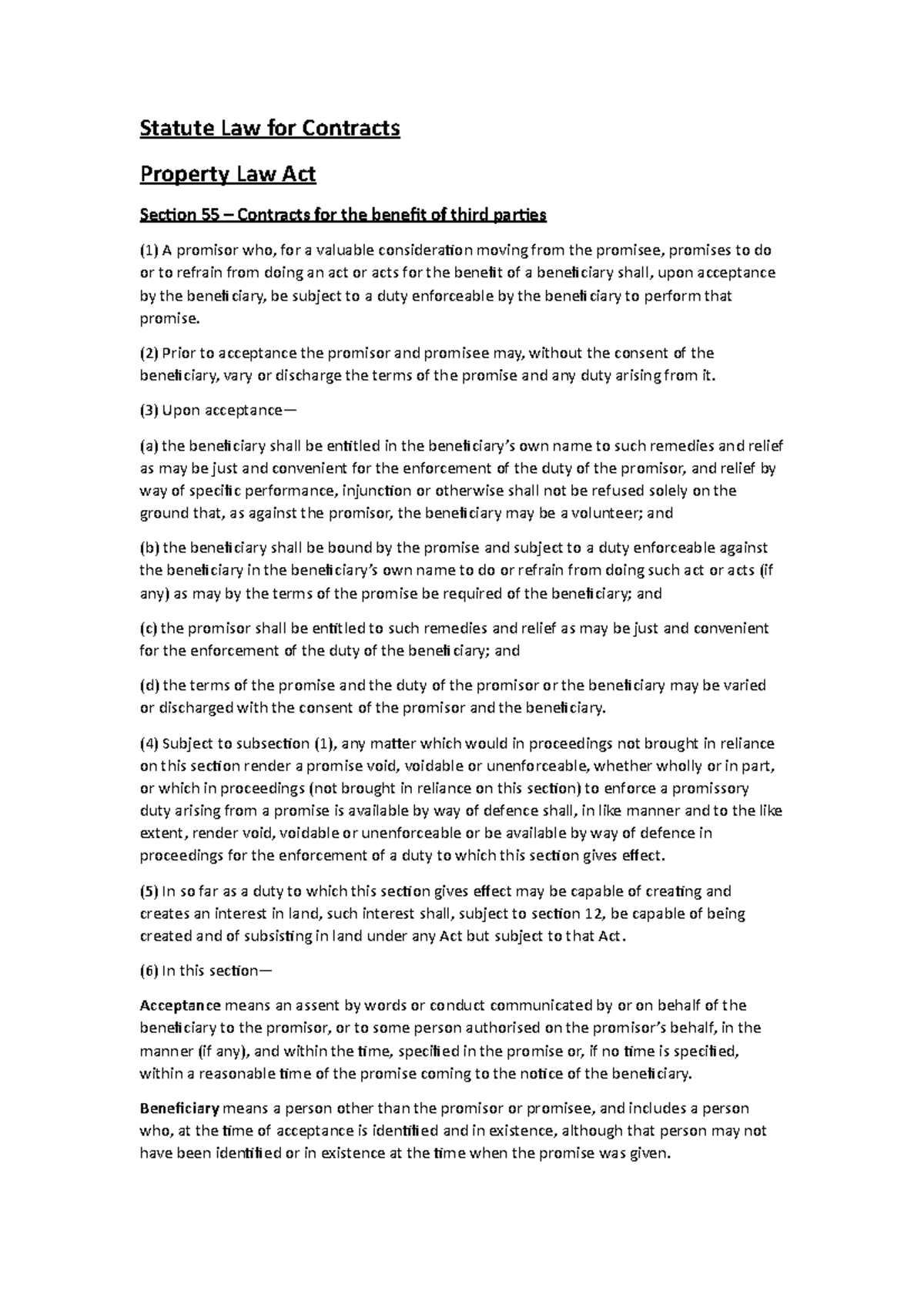 Statute Law for Contracts Statute Law for Contracts Property Law Act
