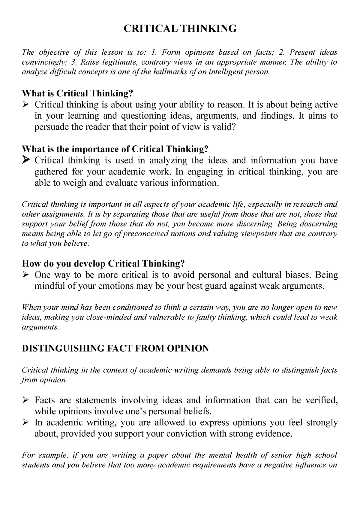 critical thinking report sample