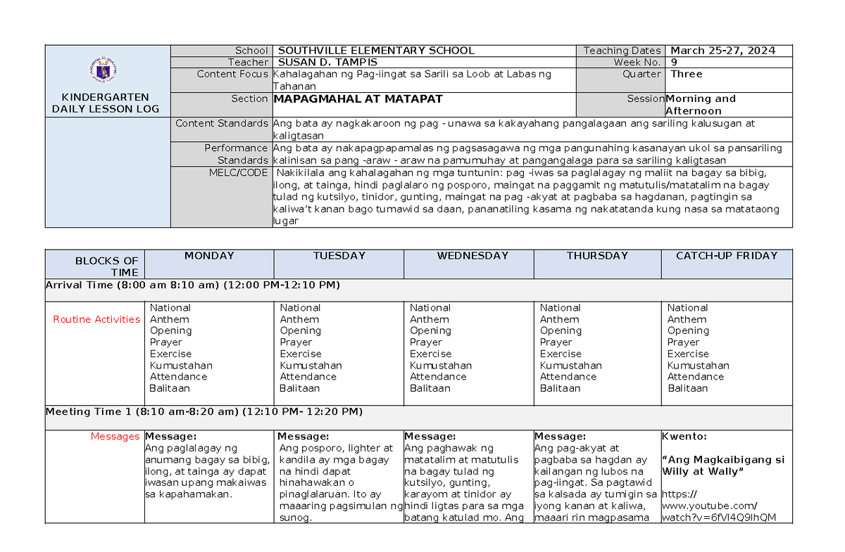 Arcoal- Alice-A - COT 3rd grading - KINDERGARTEN DAILY LESSON LOG ...
