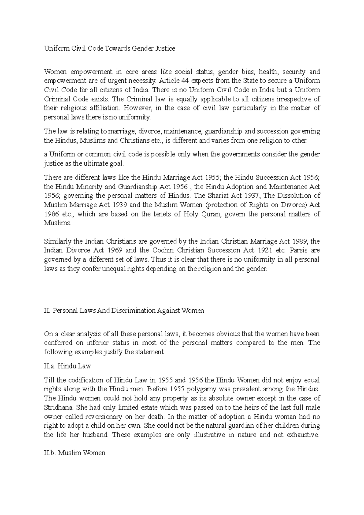 Uniform civil code and gender justice Uniform Civil Code Towards