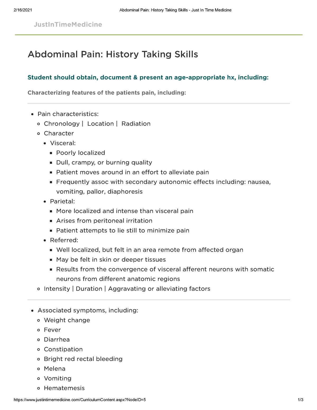 Abdominal Pain History Taking Skills Just In Time Medicine 216